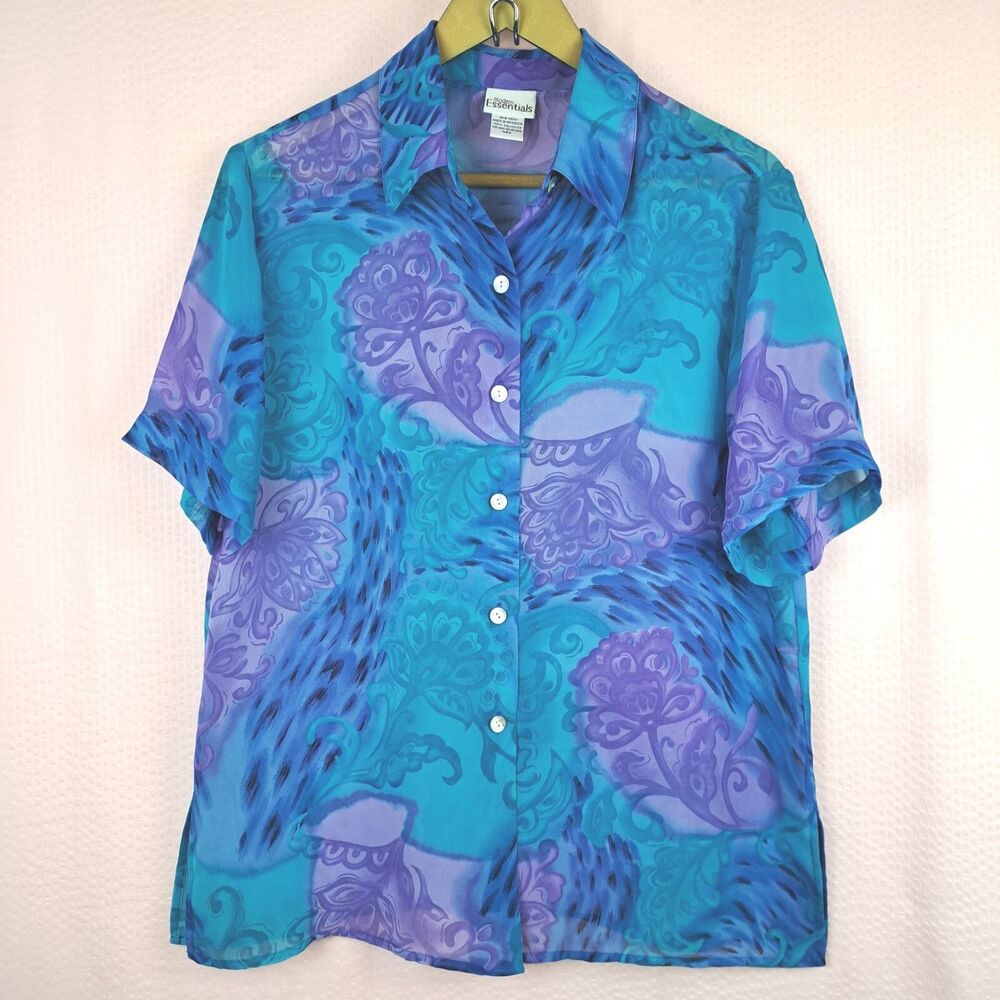 Modern Essentials Women’s M blue green purple sheer blouse short sleeves Button